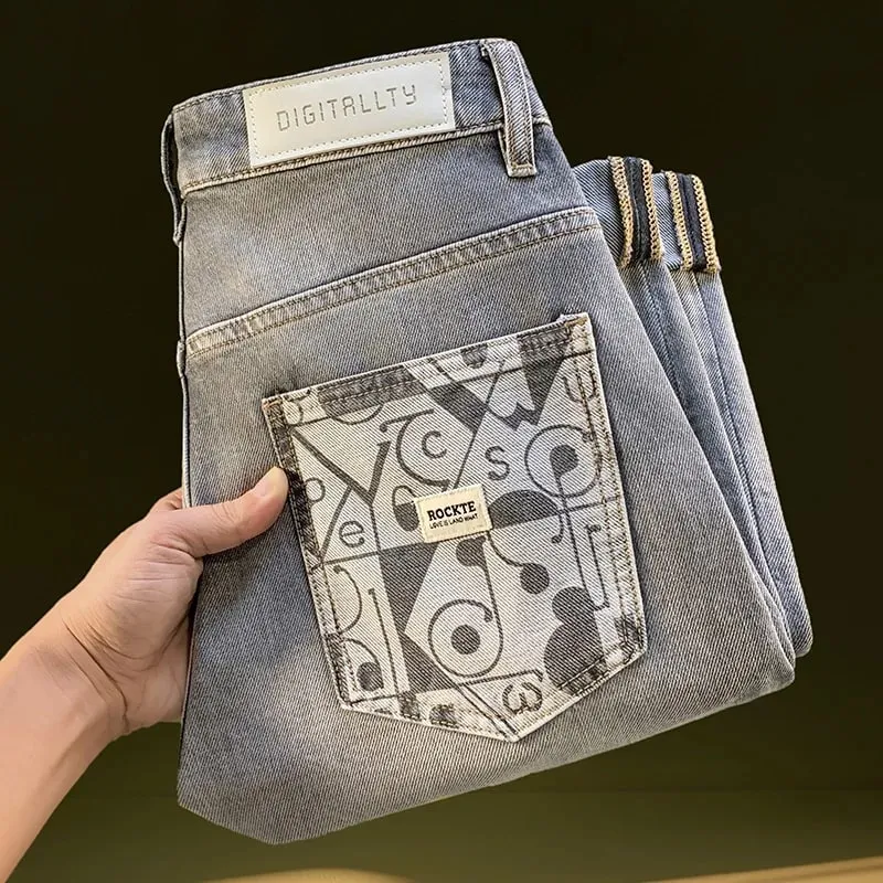 Jeans for men in spring and summer 2025 printed with small feet loose and casual stretch denim long pants