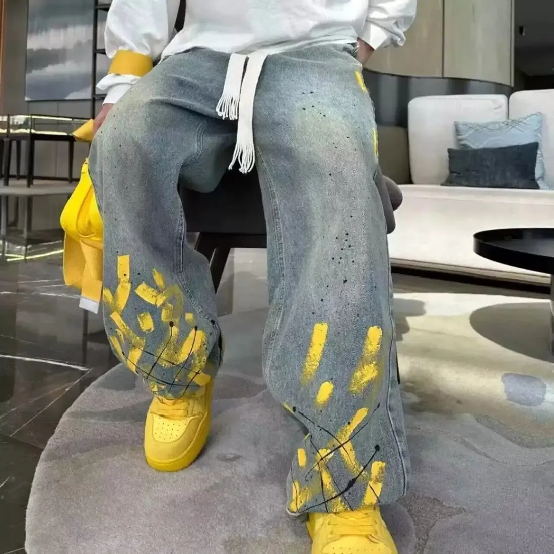 New Washed Jeans for Autumn and Winter Men Hand-painted Inkjet Print Fashionable and Versatile Old Casual Straight Pants — image 7