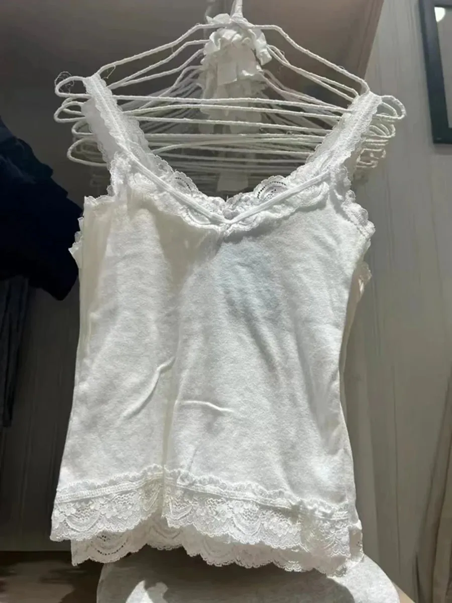 甜美蕾丝拼接连衣裙修身吊带背心女夏季白色性感简约纯棉柔软无袖马甲女复古别致Y2K吊带衫