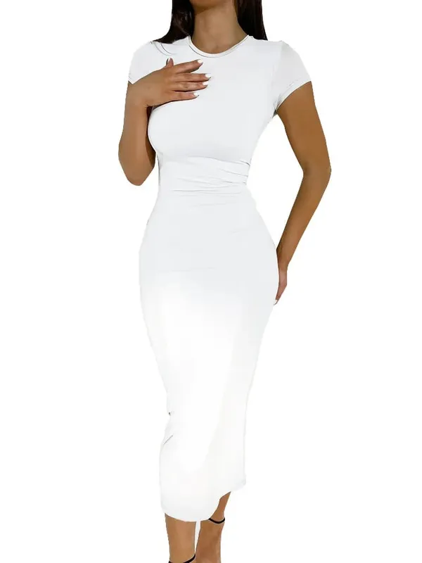 Summer women's slim fit elastic black and white round neck short sleeved T-shirt dress long dress women's clothing — image 2