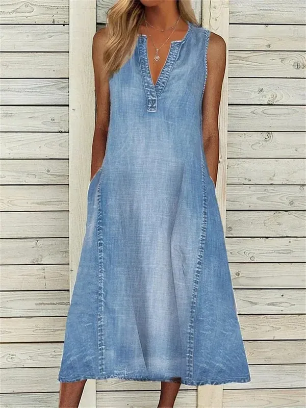 Women Side Double Pocket Deep V Neck Pullover Dress Thin Denim Sleeveless Dresses 2024 Summer Casual Female Office Commuter Gown
