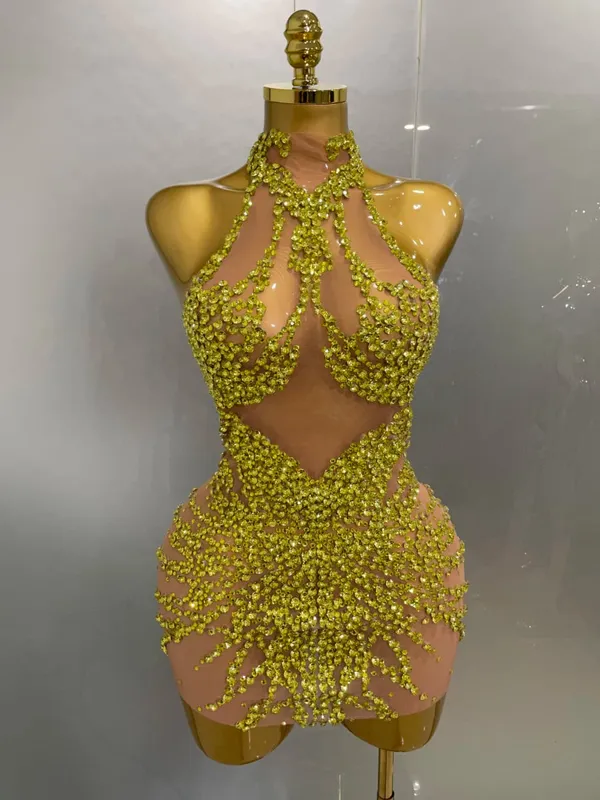 Sparkly Rhinestones Sexy Mesh See Through Dress Party Evening Prom Celebrate Birthday Dress Singer Dancer Show Stage Wear