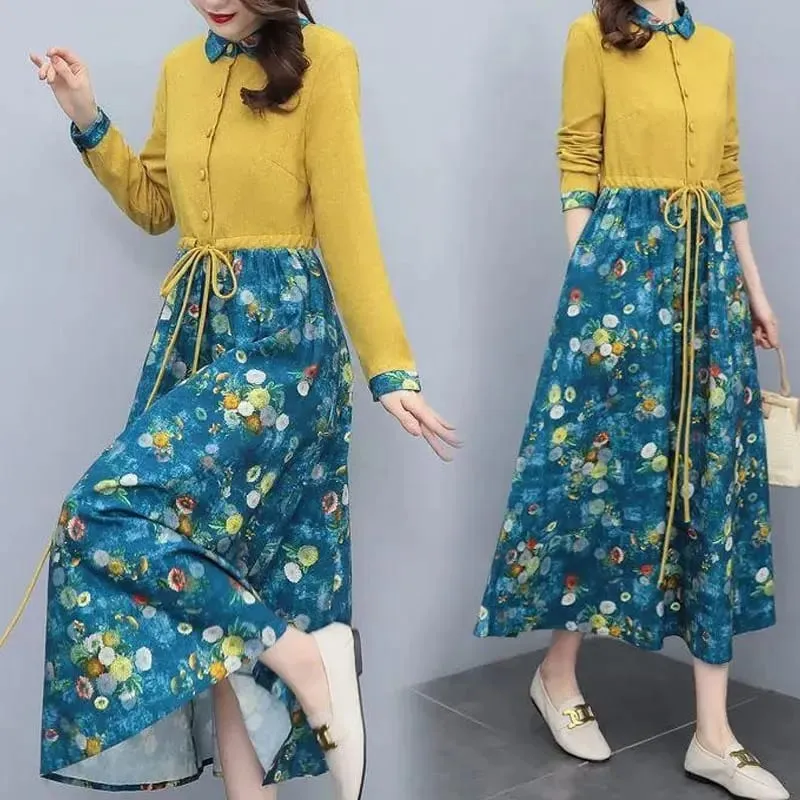 Women's Clothing Casual Printed Dresses Spring Autumn New Single-breasted Fashion Turn-down Collar Commute Drawstring Long Dress — image 3