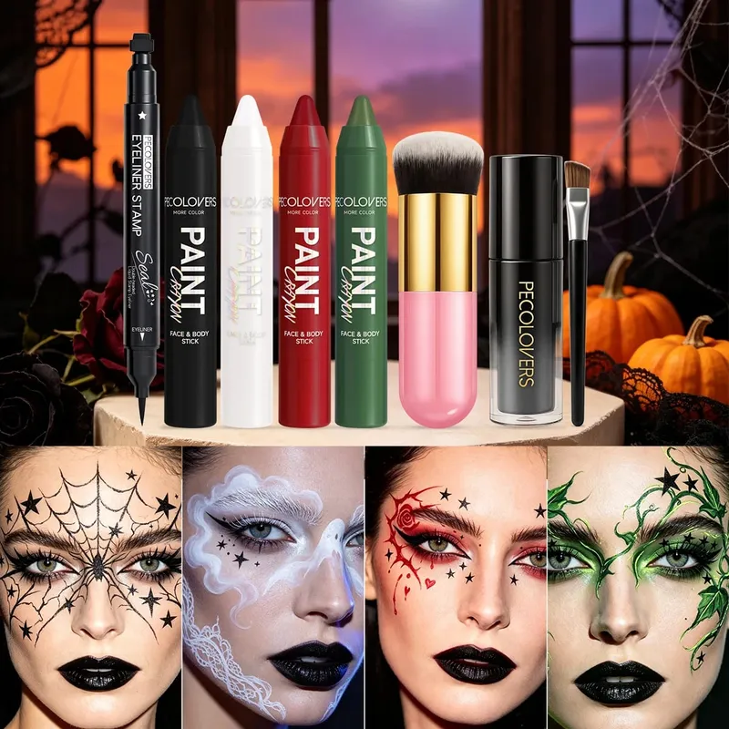 8PCS Halloween Gothic Facial Body Painting Suit Multi-color Paint Pen Star Eyeliner Pen Black Lipstick and Two Makeup Brushes — image 3