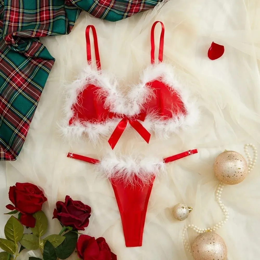 Sweet Furry Women's Underwear Mesh Transparent Wireless Lingerie Set Romantic Intimate Bow Decor Bra Panties Suit Anniversary