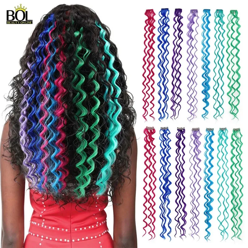 BOL Synthetic Hair Extensions Colored Hair Strands Deep Wave Clip-on Hair Female Rainbow Hair 24Inch10Pieces/Set Heat Resistant — image 8
