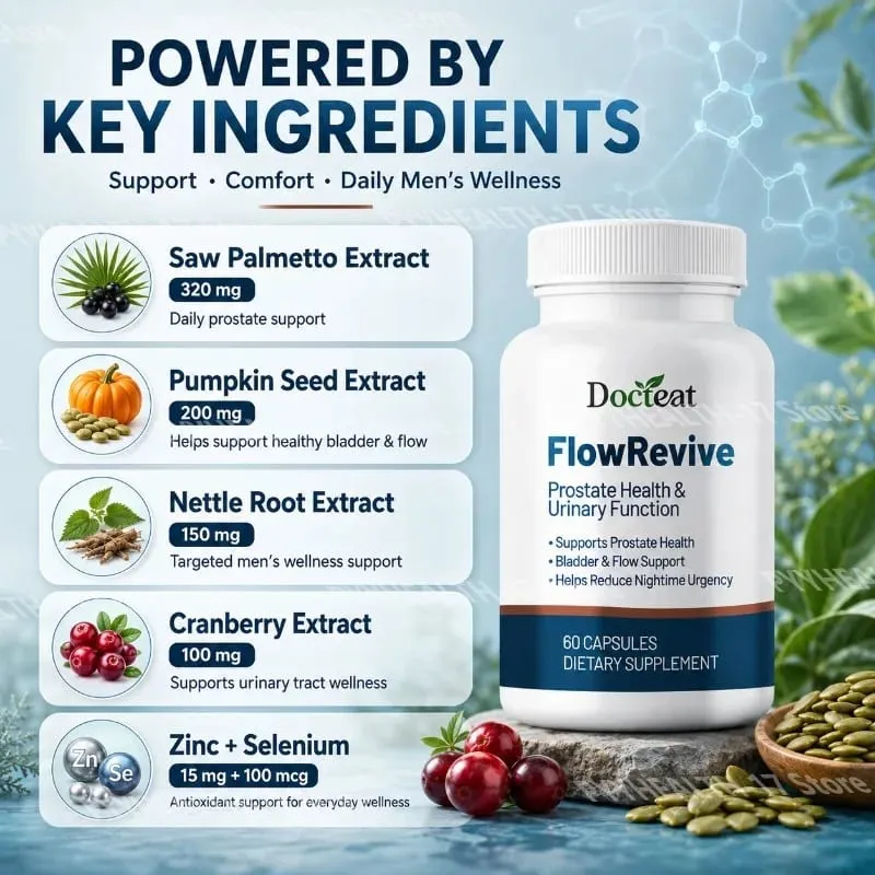 Docteat FlowRevive Prostate & Urinary Support Capsules with Saw Palmetto Pumpkin Seed and Pygeum Bark Extract - 60 Capsules — image 2