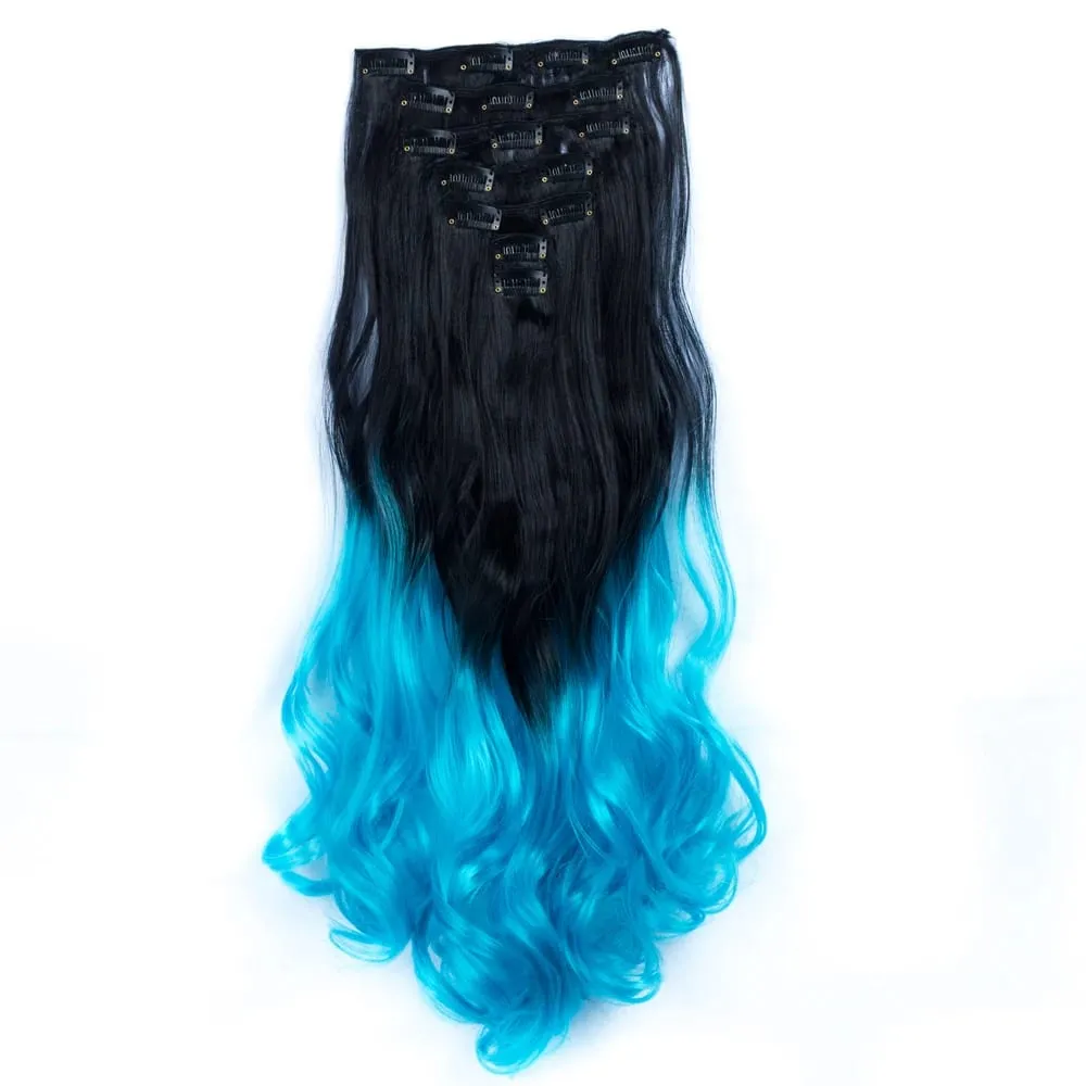 Clip in Long Wavy Synthetic Hair Extension 22 Inch Black 7PCS Thick Hairpieces Fiber Double Weft Hair for Women