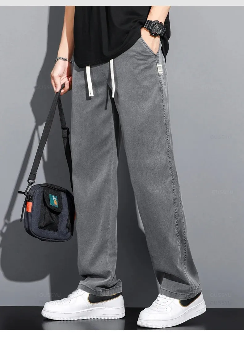 Summer Thin Soft Lyocell Fabric Jeans Men Loose Straight Wide Leg Pants Drawstring Elastic Waist Casual Trousers Plus Size M-5XL — image 8
