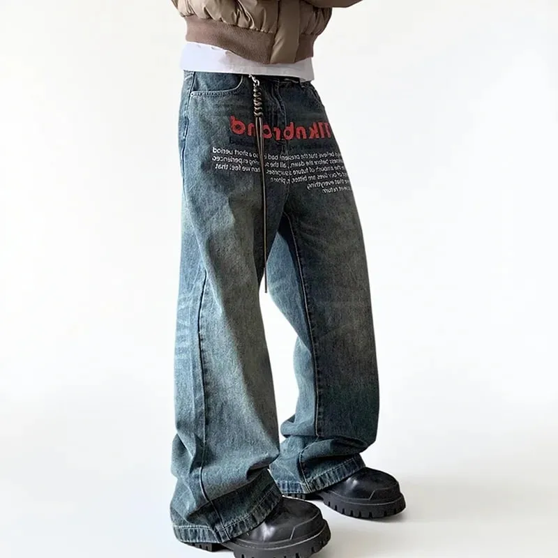 Korean Version Retro Letter Printed Jeans For Men Loose Straight Leg Wide Leg Pants High Street Hip-Hop Design Casual Pants — image 1