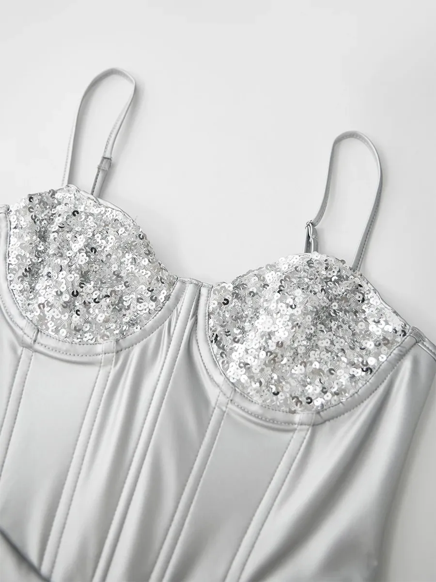 Women's Slim Sleeveless Bodysuit Sparkly Sequin Spaghetti Strap Triangle Romper Leotard Tops — image 3