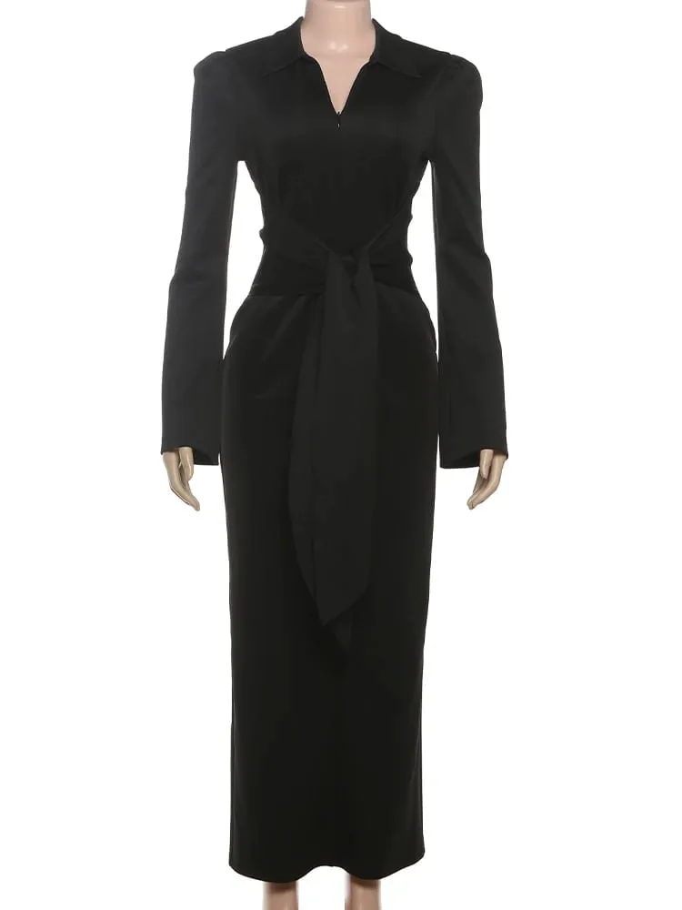 Weird Puss Sexy Maxi Dress Women Shoulder Padded Zip Wrapped Bandage Long Sleeve Slit Elegant Solid Office Simple Skinny Bodycon