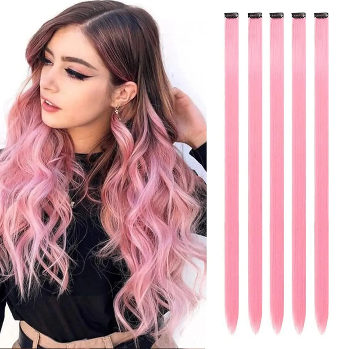 Synthetic 5PCS Colorful Hair Extensions Party Highlights Colorful Clip in Hair Extensions Straight Hairpieces for Women Girls — image 24