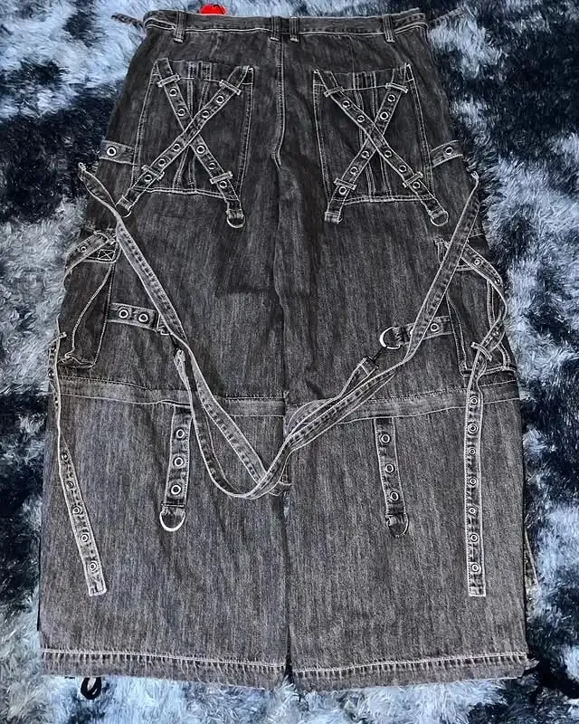 Men Gothic Punk Strap Denim Cargo Pants Black Multi Buckle Baggy Fit Streetwear Trendy Urban Fashion Washed Vintage Casual Jeans — image 4
