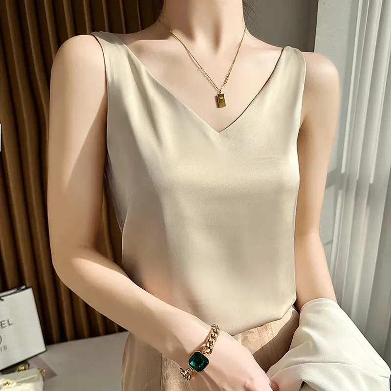 Silk Satin Women Double Shoulder Camisole Tank Top V-neck Sleeveless Top T-shirt Elegant Crop Top Solid Casual Basic 2025 Summer — image 17