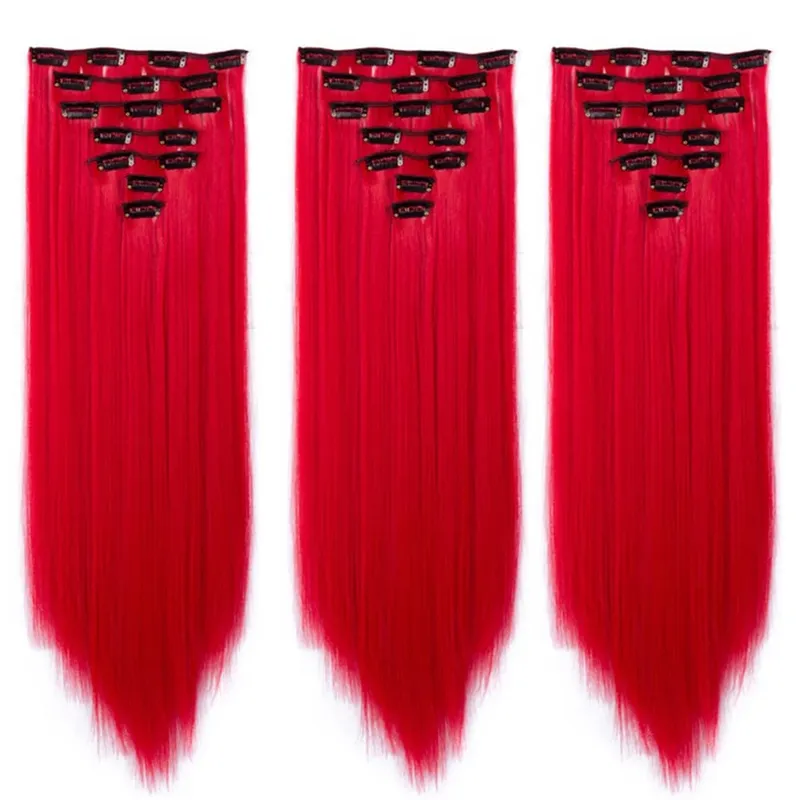7pcs/Set Long Straight Hair Extension 16 Clips High Tempreture 22inch Synthetic Hairpiece Clip in Red Hair Extensions for Women — image 3