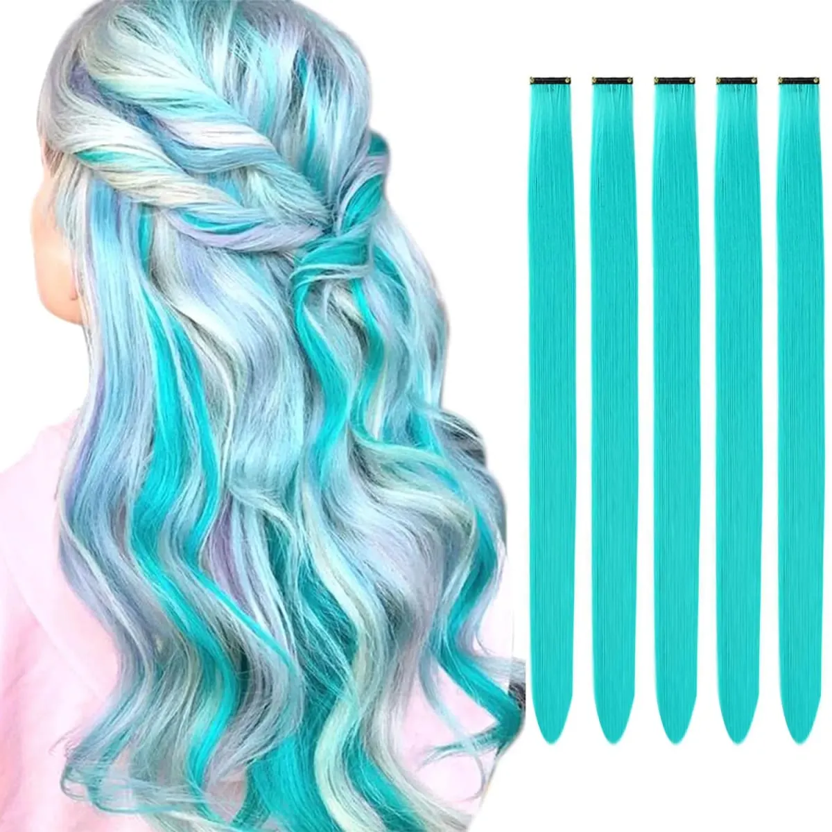 5PCS Colored Clip in Synthetic Hair Extensions Party Highlights Colorful Hair Extensions Rainbow Fake Hair Clips Hairpieces — image 10