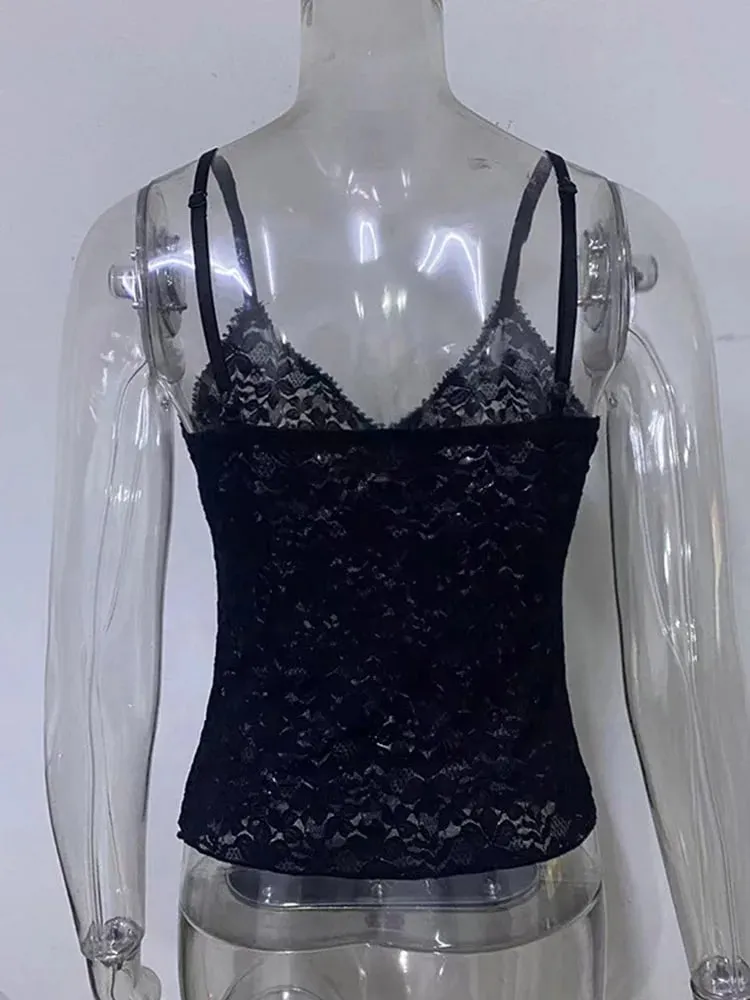 Débardeur noir transparent en dentelle pour femmes, haut court d'été Y2K, vêtements sans manches, col en V, débardeur Sexy, esthétique gothique des années 2000 — image 5