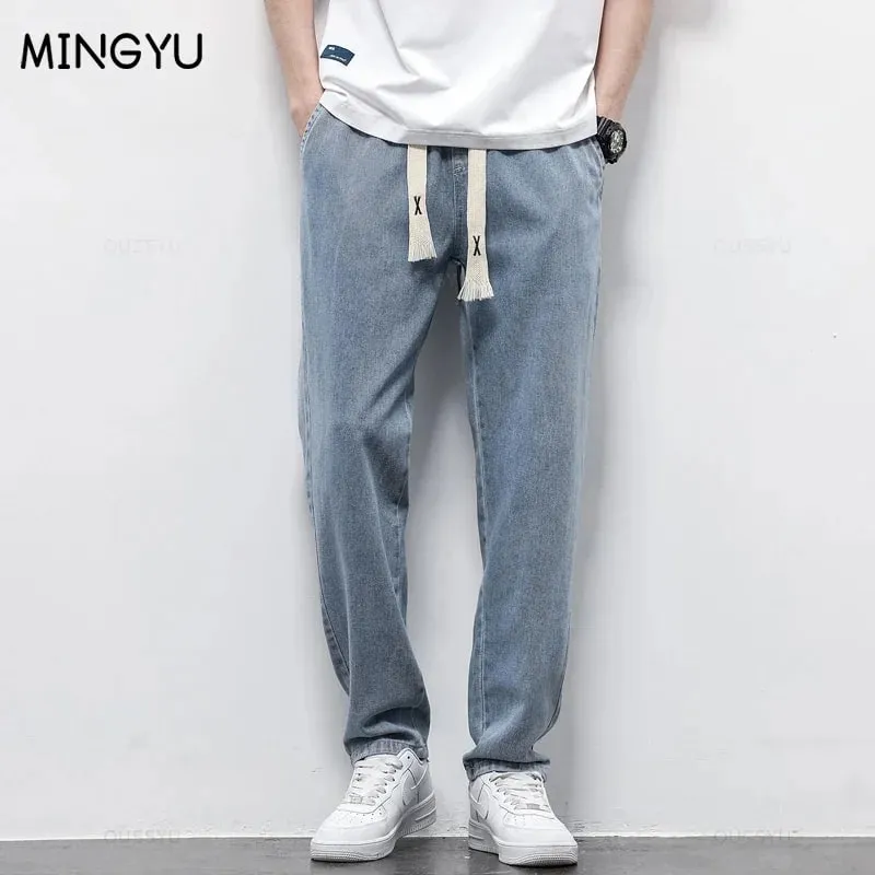 High Quality Fully Elastic Waist Men's Jeans Cotton Soft Drawstring Straight Pants Korea Casual Trousers Male Plus Size S-5XL — image 2
