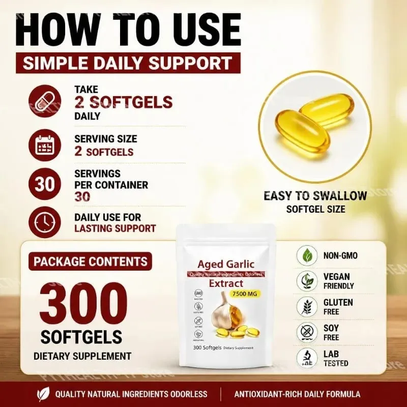 Capsule molli di estratto di aglio invecchiato Supporto per l'equilibrio immunitario inodore Formula quotidiana ricca di antiossidanti 7500 Mg Vitalità cardiaca 300 capsule molli — image 5