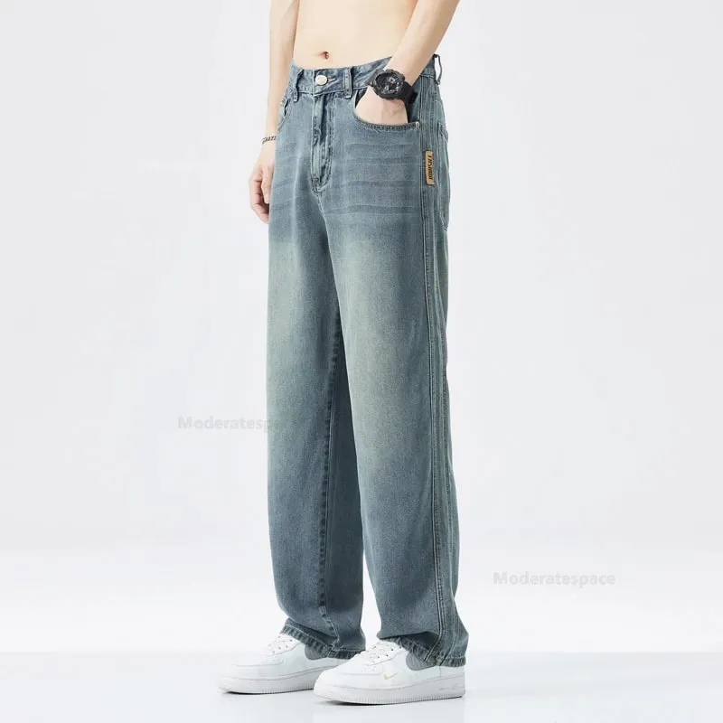 Stretch Jeans Men's 2024 New Lyocell Fabric High Quality Soft Loose Wide Pants Elastic Waist Casual Denim Trousers Streetwear