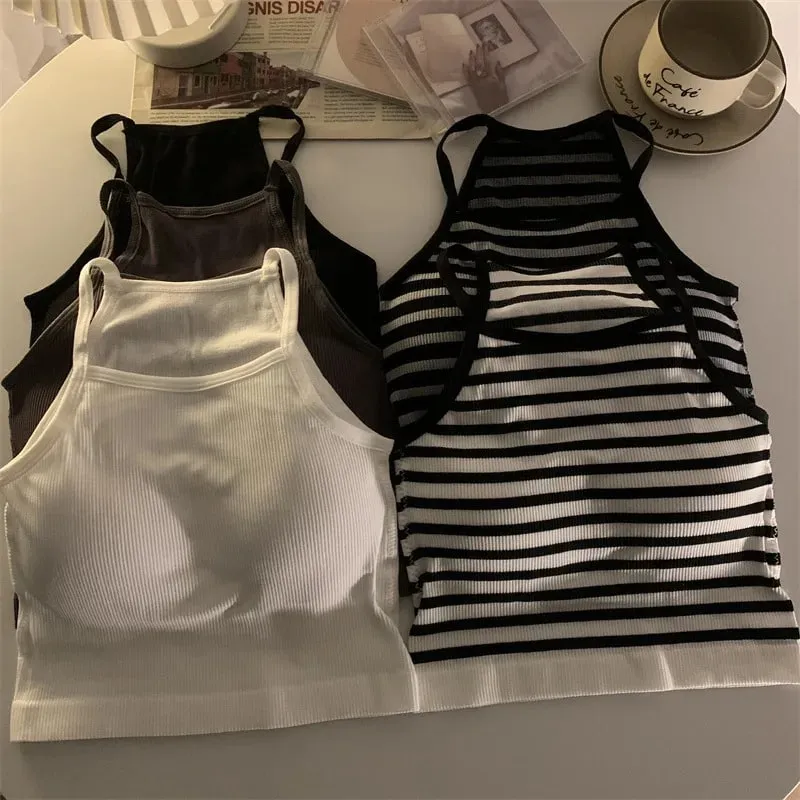 Korean Version Women Tank Tops Thread Solid Casual Fashion Crop Top with Chest Pad Stripe Sleeveless Outer Wear Basic Camisole — image 3