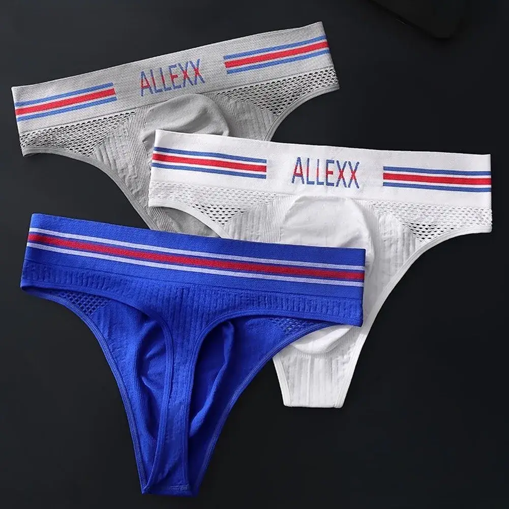 1pc Men's G-String Underwear 3D Bulge Pouch Striped Letter Printing Briefs Elastic Mesh Breathable Comfortable Thongs — image 13