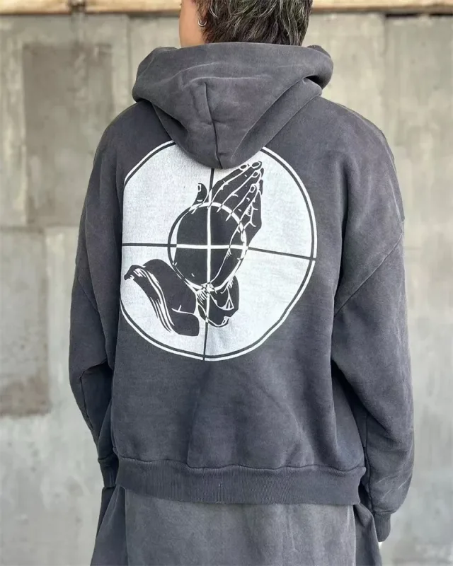 2025 Saint Star Pattern Printed Pure Cotton Washed Vintage Hoodie High Street Casual Loose Fashion Fleece Oversize Trendy Tops
