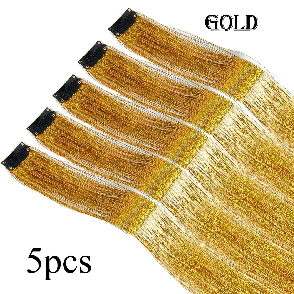 Wholesale 5Pcs/Pack Sparkling Shiny Hair Extensions Clip In Sparkle Shiny Hair Tinsel Rainbow Shiny Sparkle Hair Tinsel Pink/Red