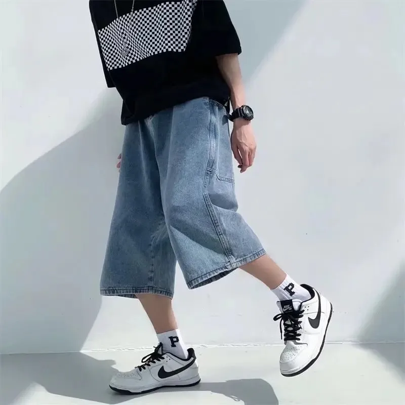 Jeans Pants Men Summer Short Jeans Big-Pockets Breeches Hip Hop Streetwear Baggy Denim Shorts Casual Wide-Leg Capris Pants — image 2