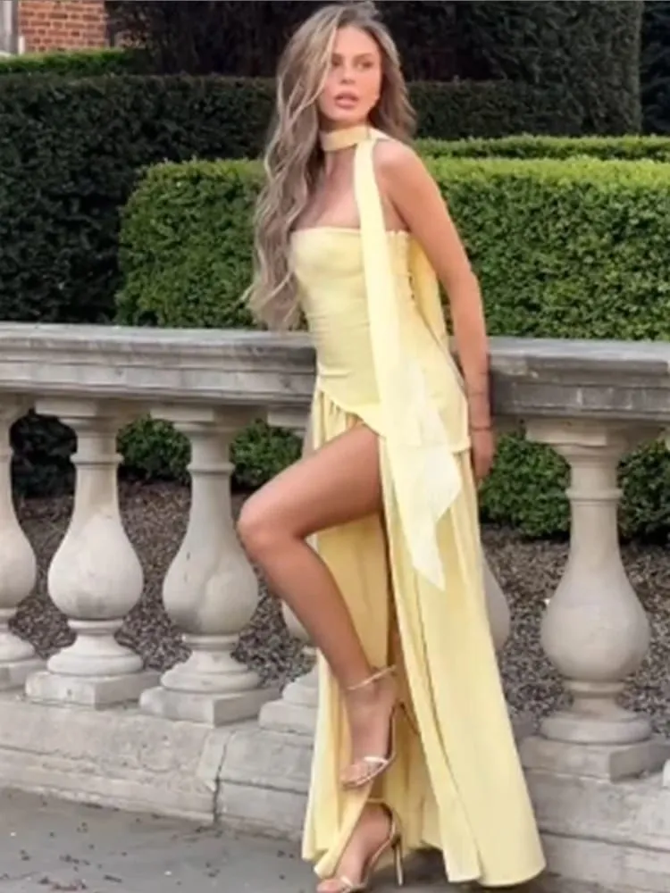 Butter Yellow Mesh Splicing Long Dress Elegant Strapless Split Backless Pleated Gowns For Women 2026 Lady Evening Party Gowns — image 4