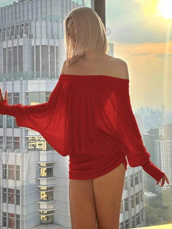 Dulzura Off Shoulder Long Sleeves Ruched Patchwork Mini Dress Women’S Sexy Elegant Casual Outfit Party Clubwear Spring Summer — image 14