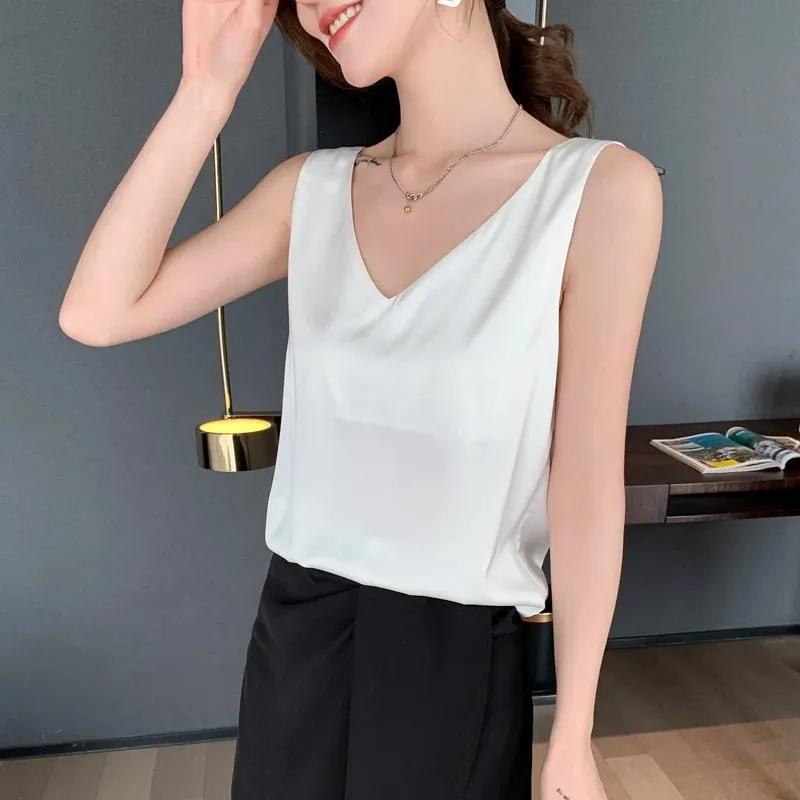 Ladies Silk Suspenders Solid Satin Vest Spring Autumn 2022 New Wild Pullover Tops Women Interior Front/Rear V-Neck Summer Thin — image 6