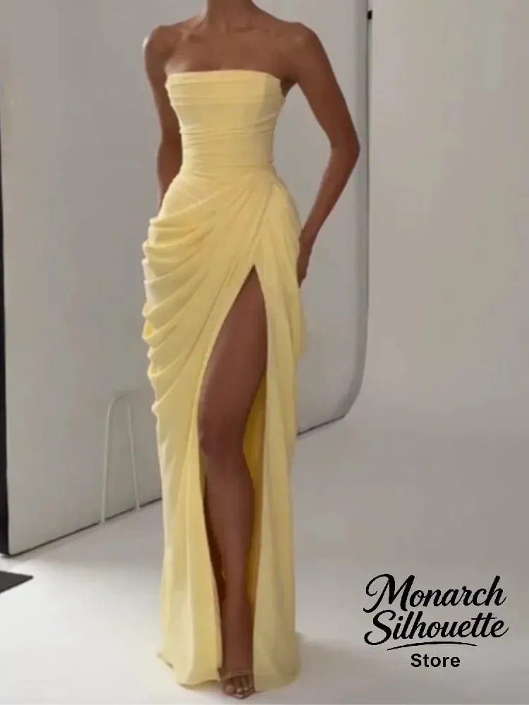 Gaun Panjang Berlipat Tanpa Tali Kuning Elegan Gaun Split Cinching Pinggang Tanpa Lengan Solid Chic Wanita 2026 Jubah Pesta Malam Wanita