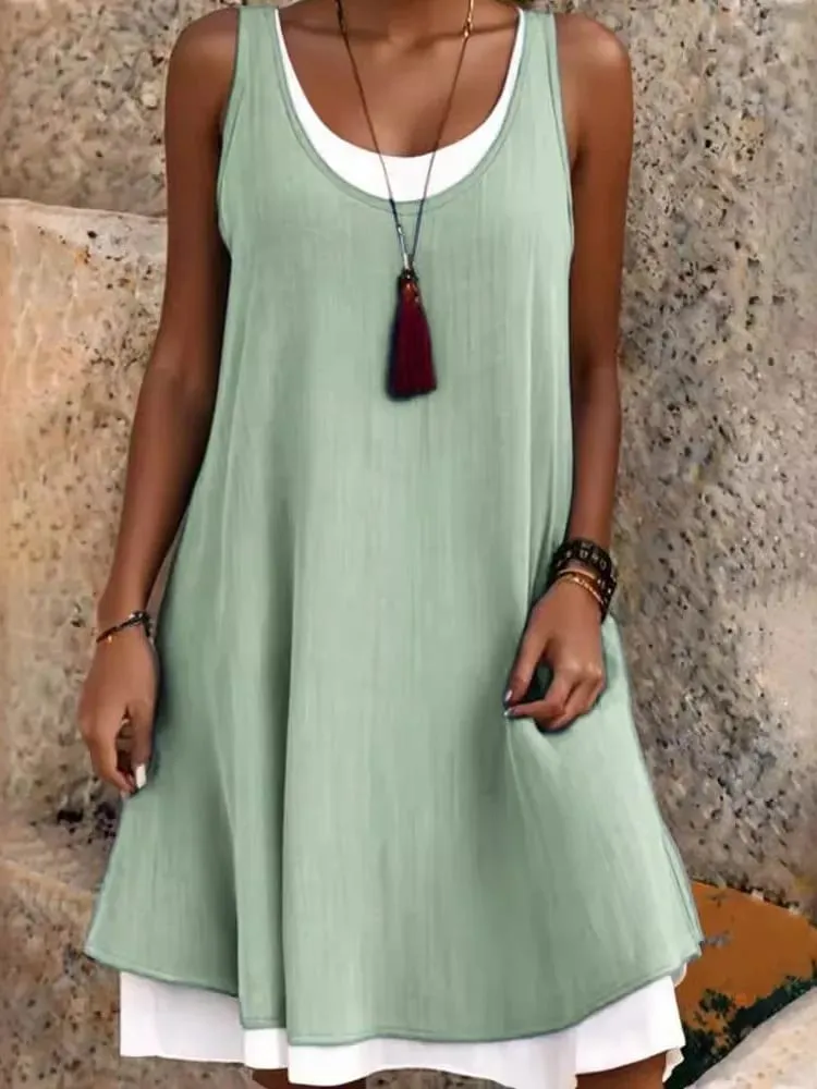 Women's Solid Dress Fashion O Neck Pullover Sleeveless Fake Two Piece Loose Beach Dresses For Women Summmer New Womens Clothing — image 4