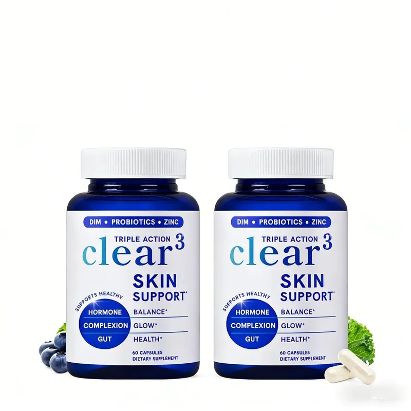 Clear³ Skin Support Supplement with DIM Probiotics & Zinc – Healthy Skin & Gut Nutritional Support 60 Capsules
