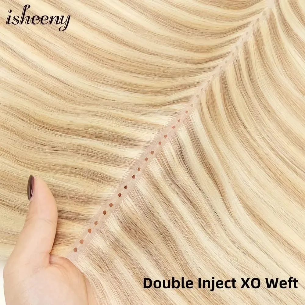 Double Inject XO Hole Weft Human Hair Extensions 12"-24" Invisible Twin Tab Weft Hair Natural Straight Pull Through Micro Hair — image 2