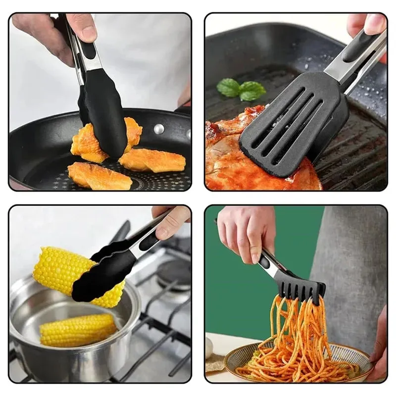 3pcs Silicone Kitchen Cooking Tongs Set Stainless Steel Nonstick Food Tongs Non-Slip Cooking Clip Clamp BBQ Salad Grill Tools