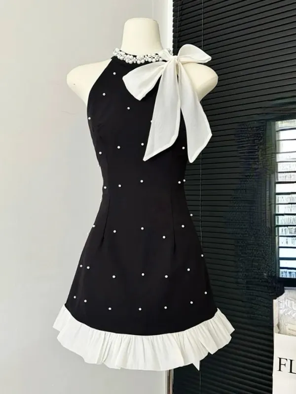 Summer Bow Sweet Party Dress Women Sequin Elegant Strap Mini Dresses Female Korean Fashion Patchwork One Piece Dress 2024 New