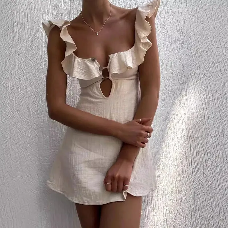 Summer Hollow Out Button Ruffles Short Dress Sexy V Neck Sleeveless Solid Color Dress New Holiday Beach Cotton Linen Mini Dress — image 2