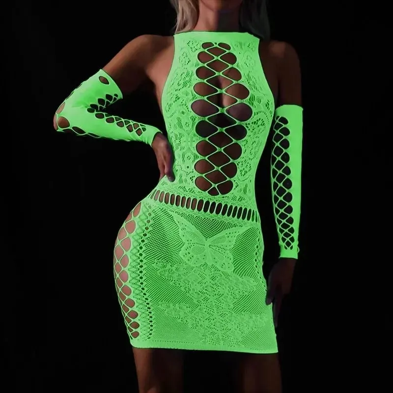 Fishing Net Transparent Women's Sexy Two Piece Set Fluorescent Open Crotch Bodystockings Dacne Party Club Luminous Sex Clothes