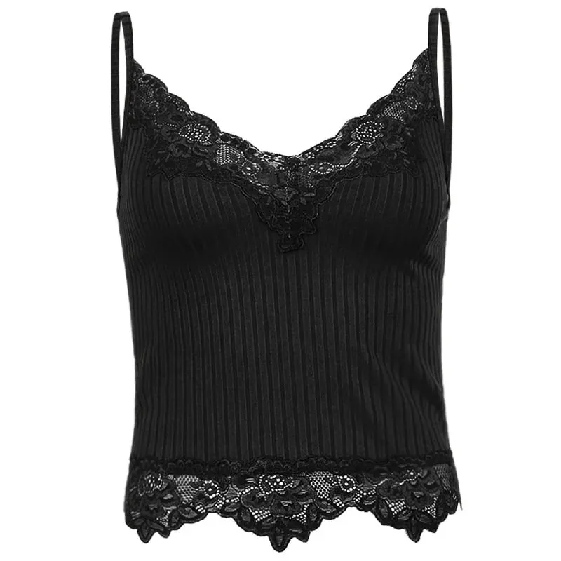 Goth Aesthetic Lace Patchwork Tank Tops For Women Sexy V-Neck Brown Retro Crop Tops Summer y2k Fashion Casual Camisole