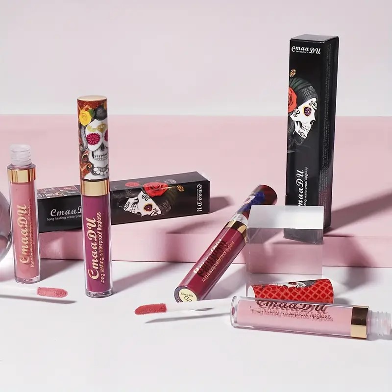 1pcs Matte Lip Gloss - Long-Lasting Waterproof Non-Fading for All Skin Types - Vibrant Red Shades with Floral & Skull Designs — image 3