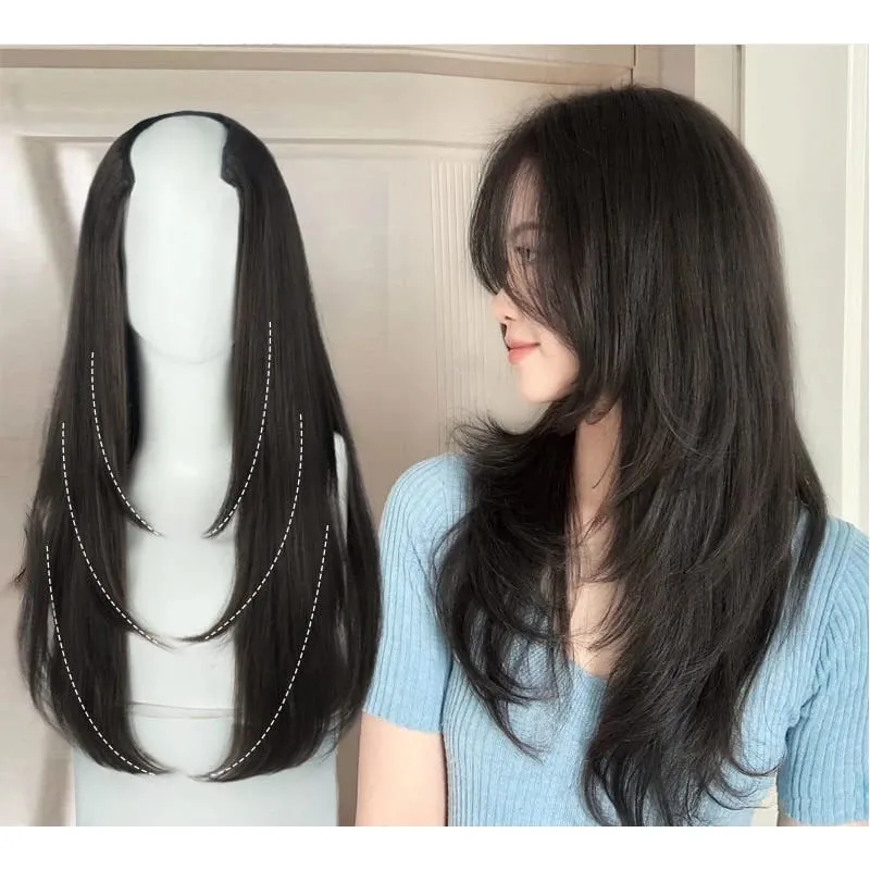 22Inch Synthetic Hair Extensions Blends Well Long Layered Straight Wavy V-Shaped Hairpieces Brown Hair Extension
