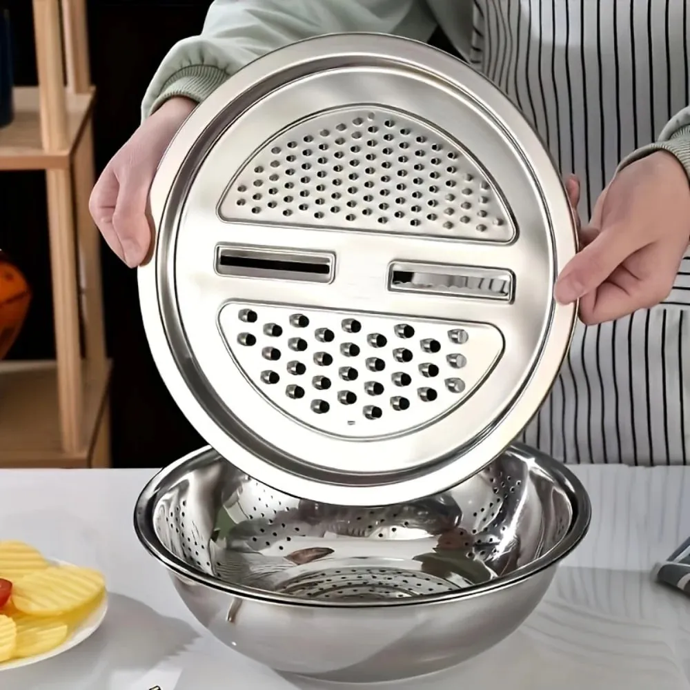 3pcs Stainless Steel Multi-Functional Kitchen Grater Set Draining Bowl with Vegetable Washing Mandoline Slicer for Potato — image 9