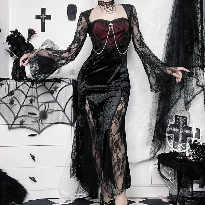 Goth Dark Elegant Mall Gothic Women Evening Dresses Grunge Aesthetic E-girl Velvet Midi Dress Lace Splice Sexy Split Alt Outfits — image 2