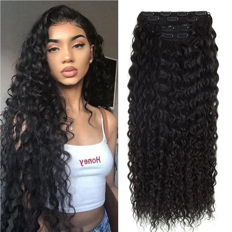 Synthetic Clip In Fitting Extension Full Head Long Kinky Curly Wig Fake False Hair Pieces Clip-on Black Brown Hairpin For Women — image 8