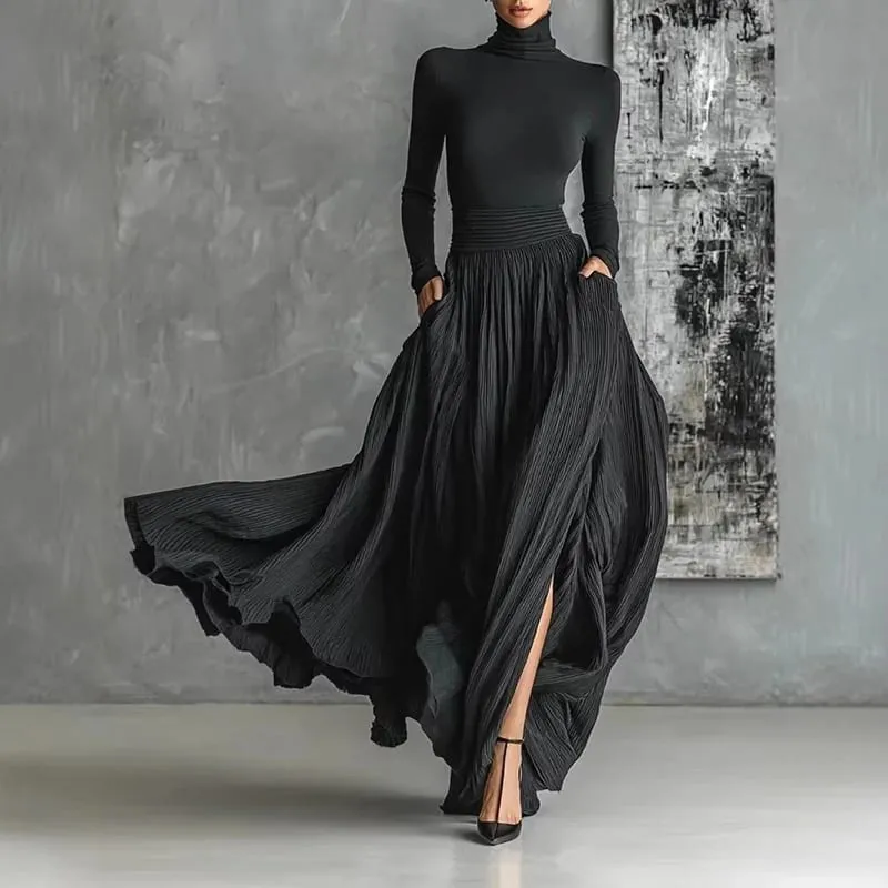 ฝรั่งเศส Elegant 2 ชิ้นชุดกระโปรงสำหรับสตรีกระเป๋า Solid Minimalist แยก Hem จีบสายคอเต่าวินเทจ Slim ชุด