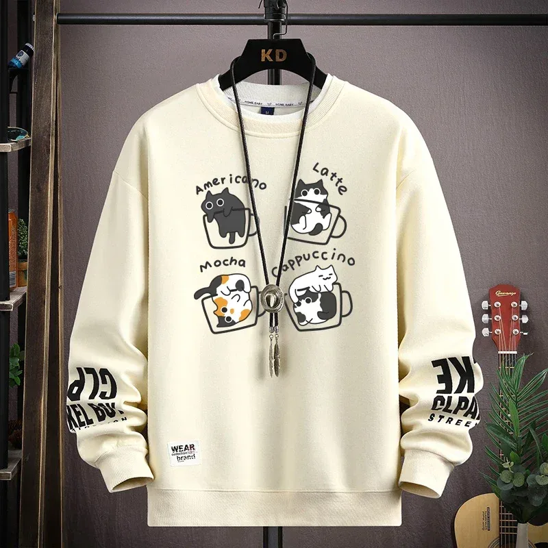 Spring Men's Sweatshirt Japan Cartoon Cats Printed Long Sleeve T-shirt Fashion Men's Clothing Khaki O Neck Harajuku Top 2024 New — image 6