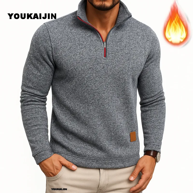 Moletom masculino primavera mais grosso pulôver quarto zíper pulôver para masculino com capuz ao ar livre sweatshir outono cor sólida gola alta — image 5